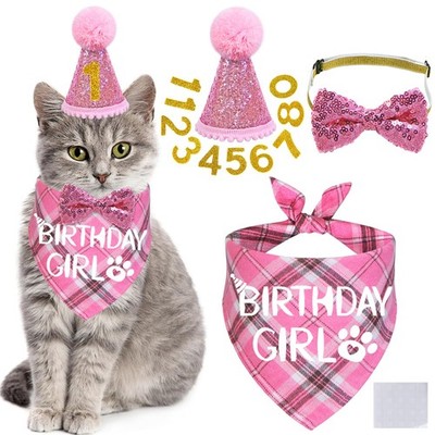 Cat Birthday Party Supplies Set Hat Number Bandana Bow Tie Collar for Kitten