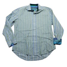Robert Graham Shirt Mens XL Blue Green Stripe Long Sleeve Button Up Flip Cuff