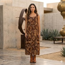 Marc Anthony 90s Vintage Earthy Brown Geometric Print Shift Dress Womens Boho 16