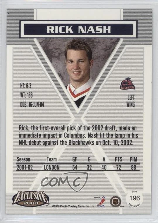 2002-03 Pacific Exclusive Gold Rick Nash #196 Rookie RC - Image 2 of 2
