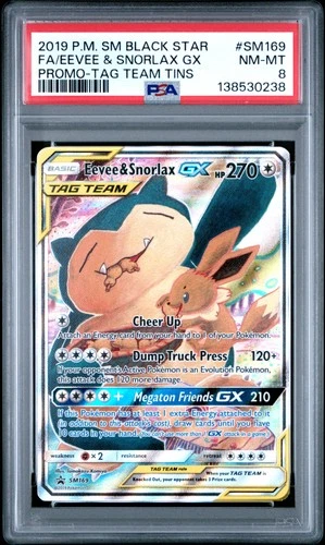 2019 POKEMON SM BLACK STAR PROMO TAG TEAM TINS FULL ART/EEVEE & SNORLAX GX PSA 8