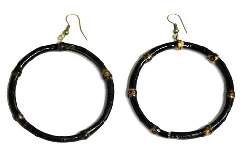 Real Bamboo Wood 3" LARGE Diameter Dangle Hoop Earrings- 2 Color Choices - Picture 6 of 6