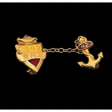 Vintage Gold Tone 1942 SRS Anchor Nautical Tie Tack Brooch Lapel Pin 2.5"