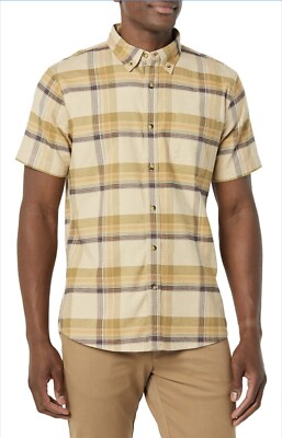 Goodthreads Men's Slim-Fit Short-Sleeve Oxford Shirt Sz Large in Tan Plaid