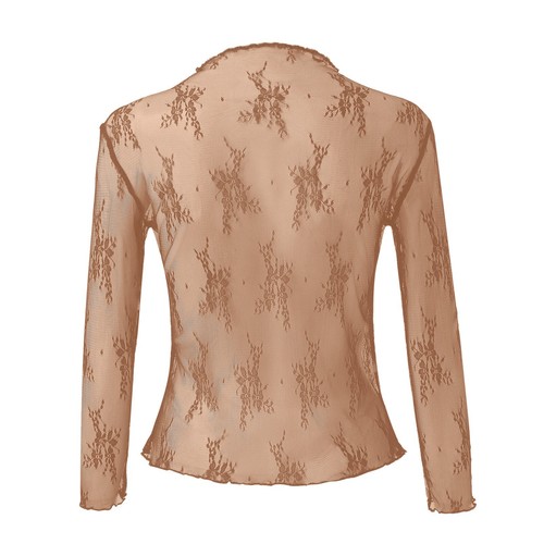 Mesh Long Sleeve Layering Top For Women Mock Neck Floral Embroidery Sheer See - Picture 22 of 36