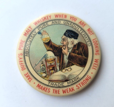 Antique Celluloid ''DUFFY'S PURE MALT WHISKEY'' Round Advertising Pocket Mirror 