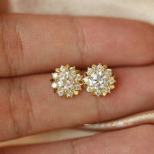 2Ct Lab Created Diamond Push Back Flower Stud Earrings 14K Yellow Gold Finish
