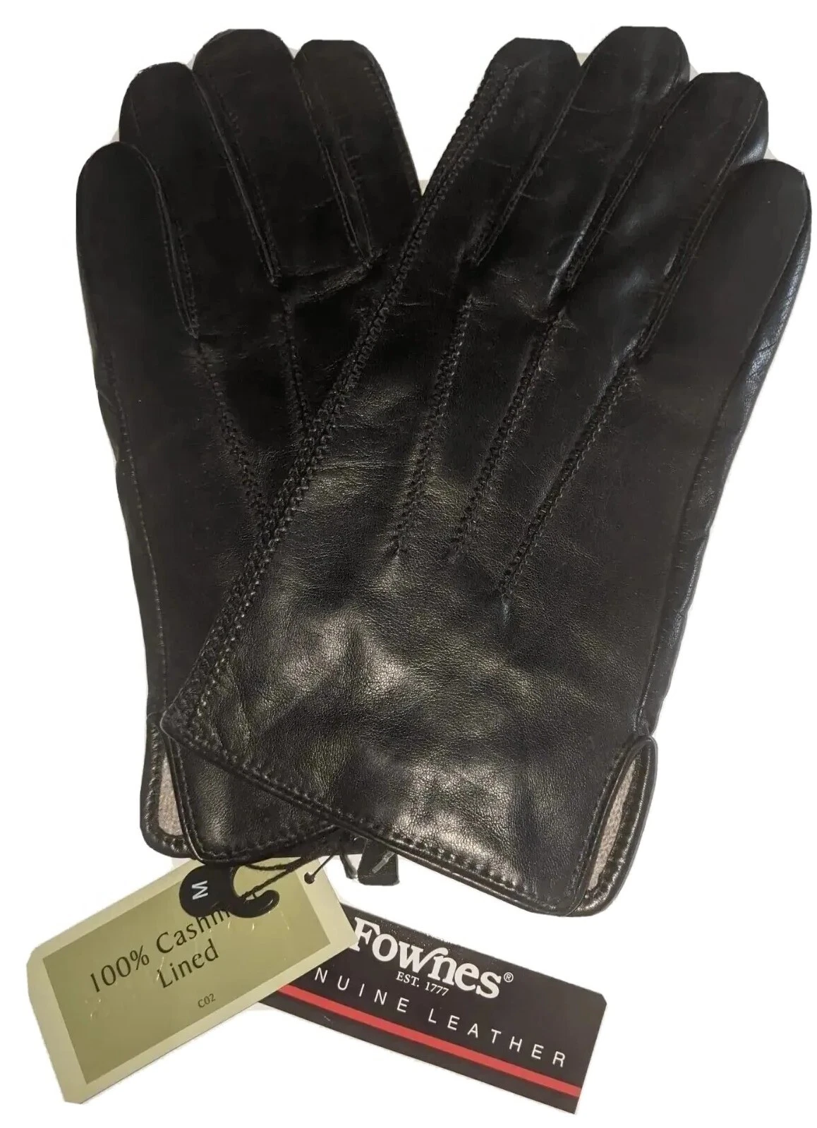 Fowne's Men's 100% Cashmere lined Better Leather Gloves, Medium, Black, New.
