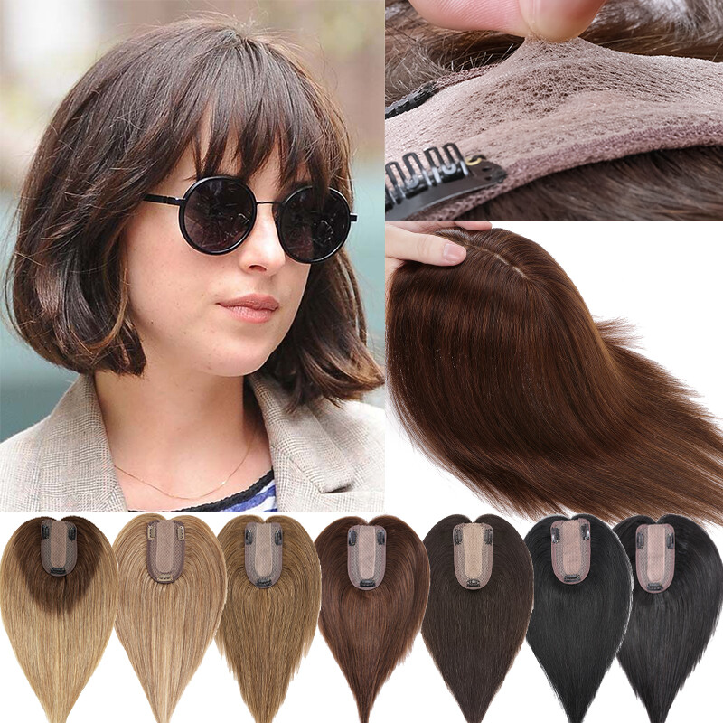 150% Density Short Real Hair Topper Silk Base Human Hair Top 