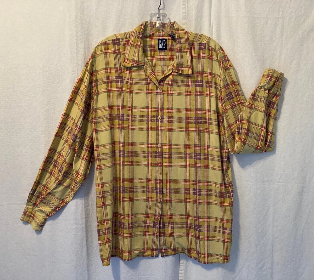 RARE Vintage Gap Women's Shirt LS Rayon Yellow Plaid Size Large Oversized