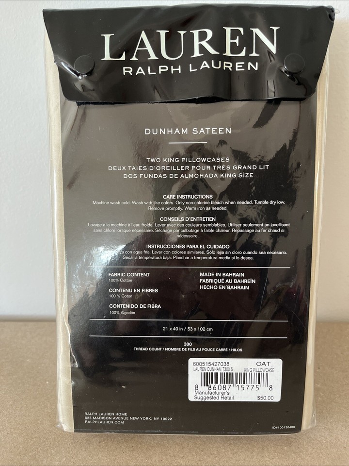 Ralph Lauren 2 King Pillowcases Dunham Sateen Oat 100 Cotton 300