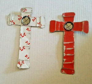 METAL WALL CRUCIFIX Lot Of 2 Tin Handmade Carmen Abelleira Folk Art OJAI CA