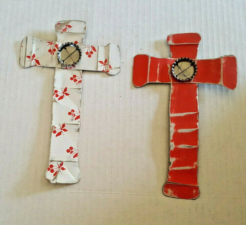 METAL WALL CRUCIFIX Lot Of 2 Tin Handmade Carmen Abelleira Folk Art OJAI CA