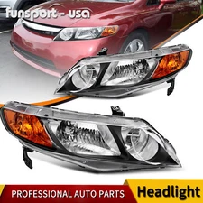 Headlights Assembly for 2006-2011 Honda Civic Sedan 4Dr Black Headlamps Pair Set