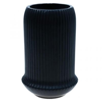 Keramik Vase mit Rillen Schwarz Deko Blumenvase Ø13cm H20cm Modern