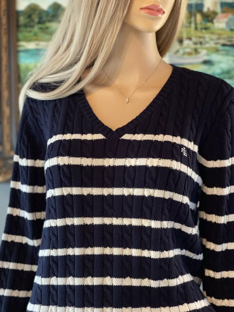 womens RALPH LAUREN L navy blue white cable knit cotton V Neck pullover  sweater