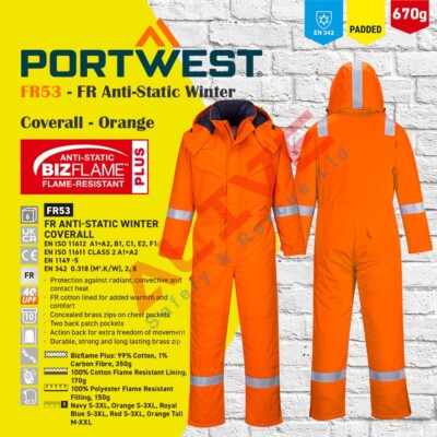 Portwest FR53 FR Hi Vis Anti-Static Winter Coverall Flame Resistance  Orange