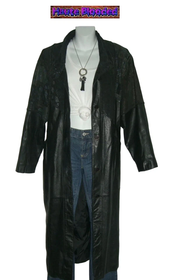 Gabardina de cuero negra larga vintage de los 90 con estampado boho holográfico hasta el suelo  Foto 4 de 4