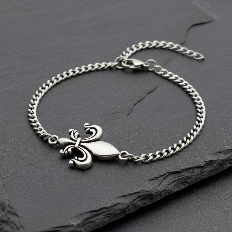 Stainless Steel Fleur de Lis Handmade Adjustable French Monarch Charm Bracelet - Image 4 of 4