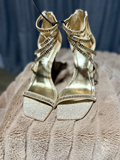 Gianni Bini Women s Gold Glitter Strappy Square Toe Ankle Strap Zip Heels 9 M