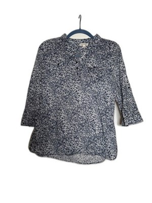 Artisan NY Women's Navy Floral Henley Blouse roll tab 3/4 sleeves size M