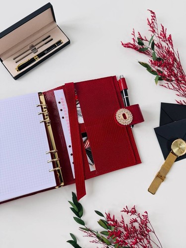 Red Leather notebook cover A5 big binder 6 rings. Leather planner binder A5. - Picture 4 of 11