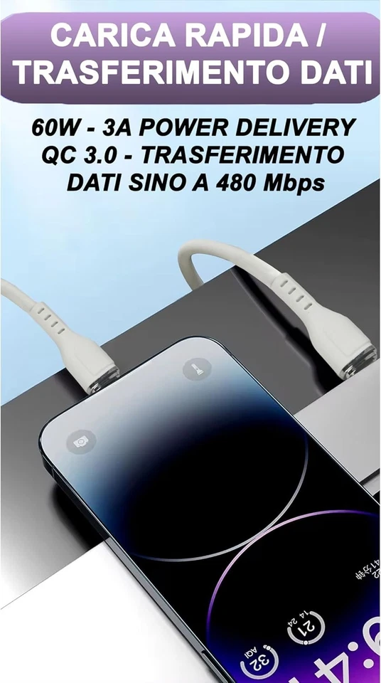 Cavo USB C USB C 60W 3A Cavo Type-C to Type-C Power Delivery  Ricarica Rapida - Immagine 4 di 4