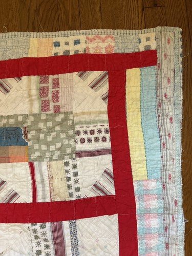 Vintage Antik Quilt Handarbeit Patchwork Mehrfarbig Rot Pastell Handgenäht - Bild 13 von 24