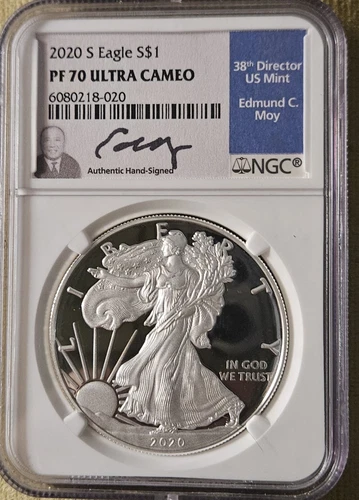 2020 S PF70 Silver Eagle NGC Moy - Blue Label