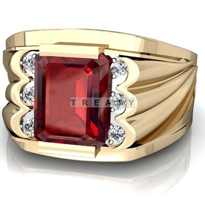 Ruby Emerald Cut Gemstone With Solid 14K White Gold Ring For Men's #97 #