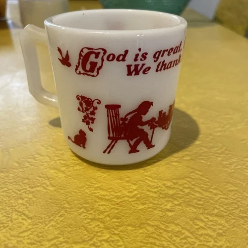 Vintage Hazel Atlas Milk Glass Child's Cup Prayer Mug Lord I Thank Thee
