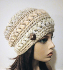 handmade crochet womans button hat beanie whisper brown puffs USA seller