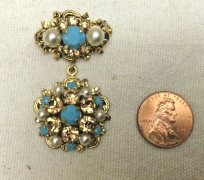 Vintage Marked Austria Turquoise Amber Pearl Gold Tone Pin Brooch 2 