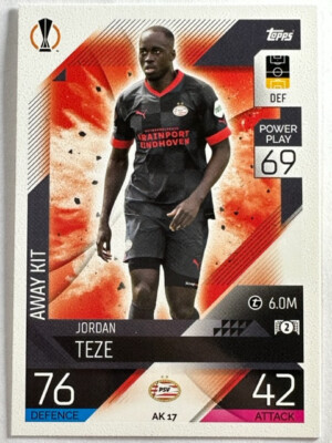 Topps Match Attax UCL Extra 2022/23 PSV Eindhoven Away Kit Jordan Teze AK17