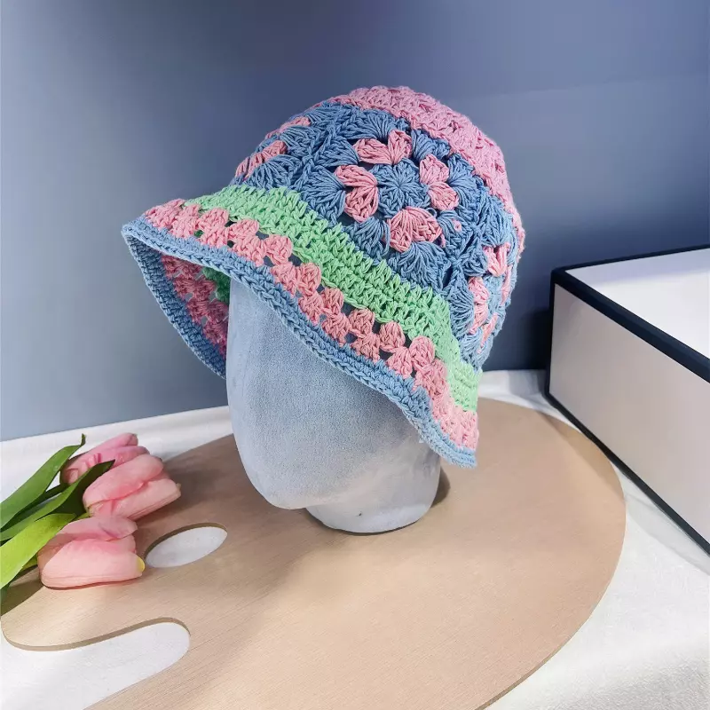 Women Girl Hand Crochet Bucket Hat Sweet Cotton Knitted Hollow Fisherman Cap