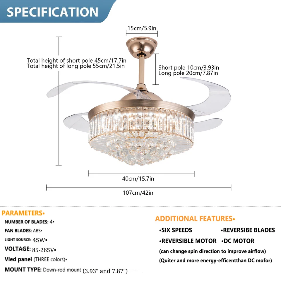 42" Invisible Crystal Ceiling Fan Light 3 Colors Hanging Fan Lamp Pendant Lamp - Image 2 of 4