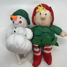 Vintage Stuffins Christmas Elf &Snowman Nylon Puffy Plush Mini 7" Doll 1990