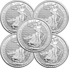2025 Great Britain 1 oz Silver Britannia Coin BU (Lot of 5)