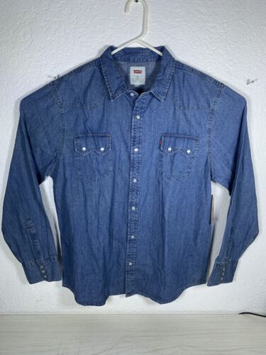 Levi's Pearl Snap Shirt Men 2XL Blue Denim Long Sleeve Western Cowboy Sawtooth - Afbeelding 1 van 9