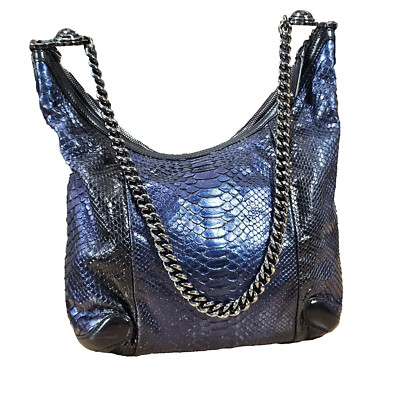 GUCCI Authentic Rare Exotic Python Leather Tote Hobo Large Metallic Blue Handbag