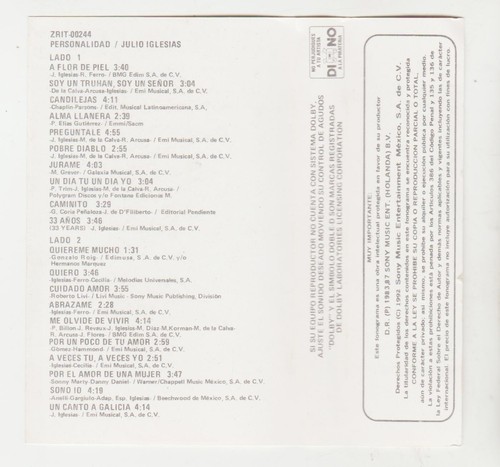 JULIO IGLESIAS MEXICAN CASSETTE 1992 PERSONALIDAD 20 EXITOS - Picture 3 of 5