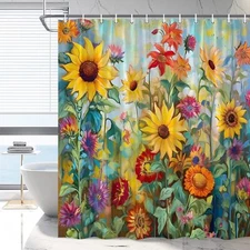 Sunflower Rustic Floral Shower Curtain 70x70" Colorful Farmhouse with Hooks