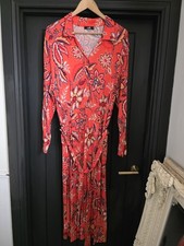 Wallis Coral Retro Floral Soft Stretch Jersey Long Midi Shirt Dress UK Size 18