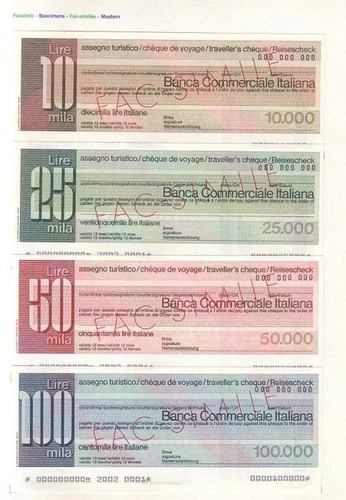 France Series 4 Specimens Traveller-Check Italian Commercial Bank, 10,000, 25