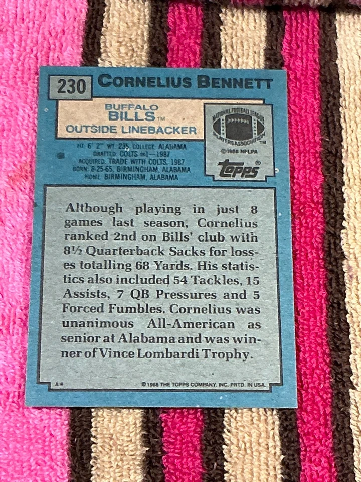 1988 TOPPS RC #230 CORNELIUS BENNETT BILLS STARS NMMT FOOTBALL SUPER ROOKIE CARD - Photo 2/2