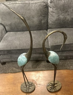 Pair Of SPI Blue Herons Statues Bronze & Teal Finish 36  and 28  Tall