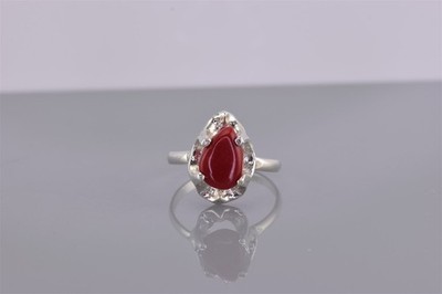 Sterling Silver Raised Red Coral Teardrop Scallop Bezel Band Ring 925 Mex Sz: 5