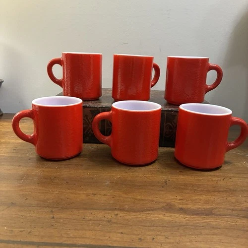 6 Vintage Hazel Atlas Orange Peel Textured Milk Glass Mug Coffee Cup RED