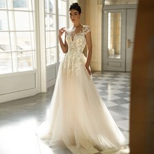 Charming Cap Sleeves Wedding Dresses For Woman Bride O-neck Backless Tulle Pleat