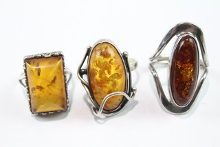 Sterling Silver Rings Amber Statement Vintage x 3 (24g)